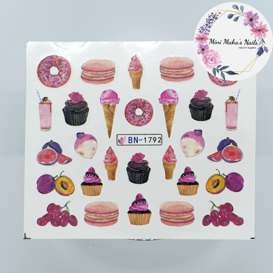 Pink Food Aesthetic Ice-Cream Doughnuts Cupcakes Macrons Nail Art Water Decals BN1792