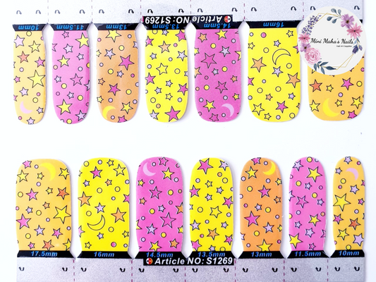 Pink Yellow Orange Cute Stars Moon Full Cover Nail Wraps S1269