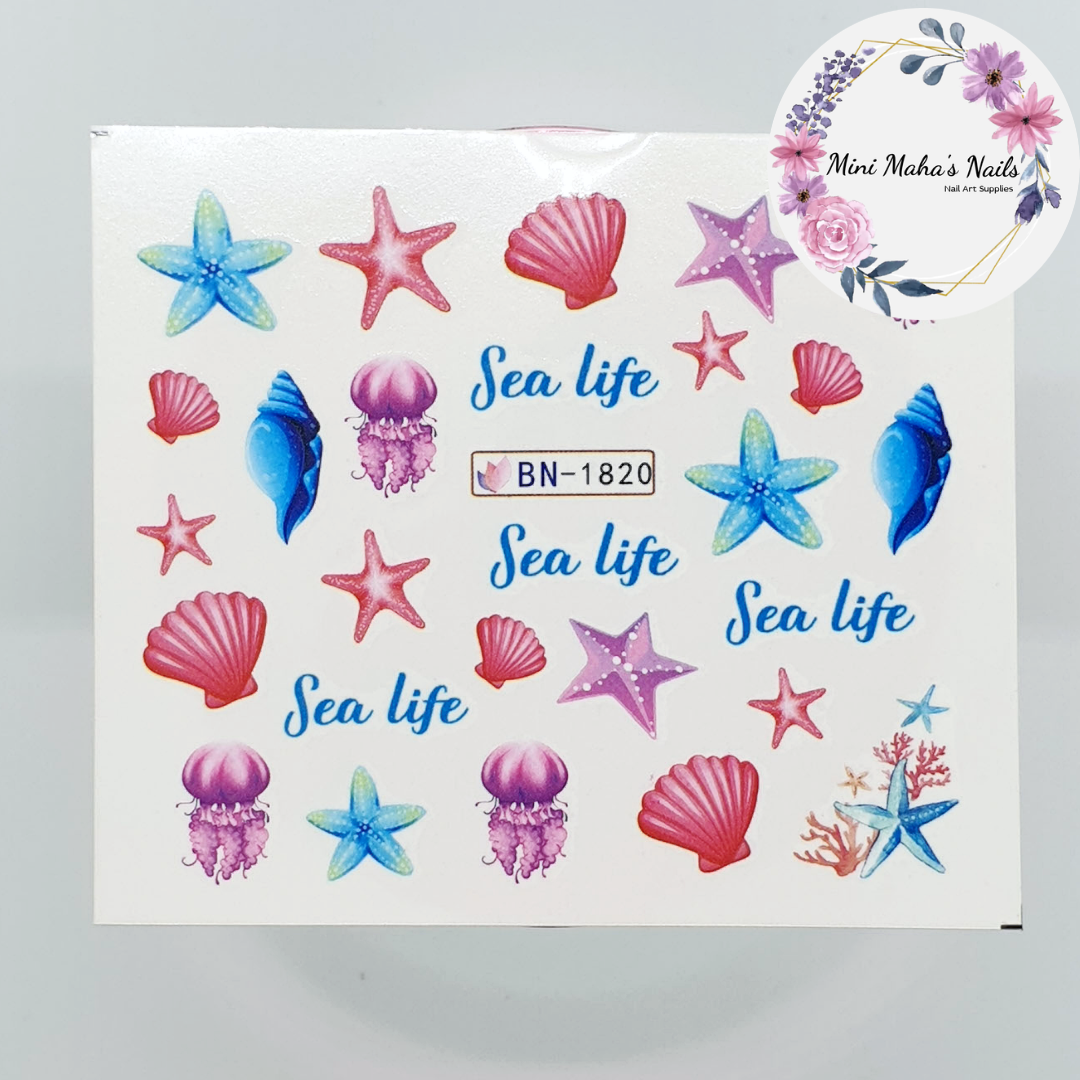 Blue Pink Purple Sea Life Shells Starfish Jellyfish Nail Art Water Decals BN1820