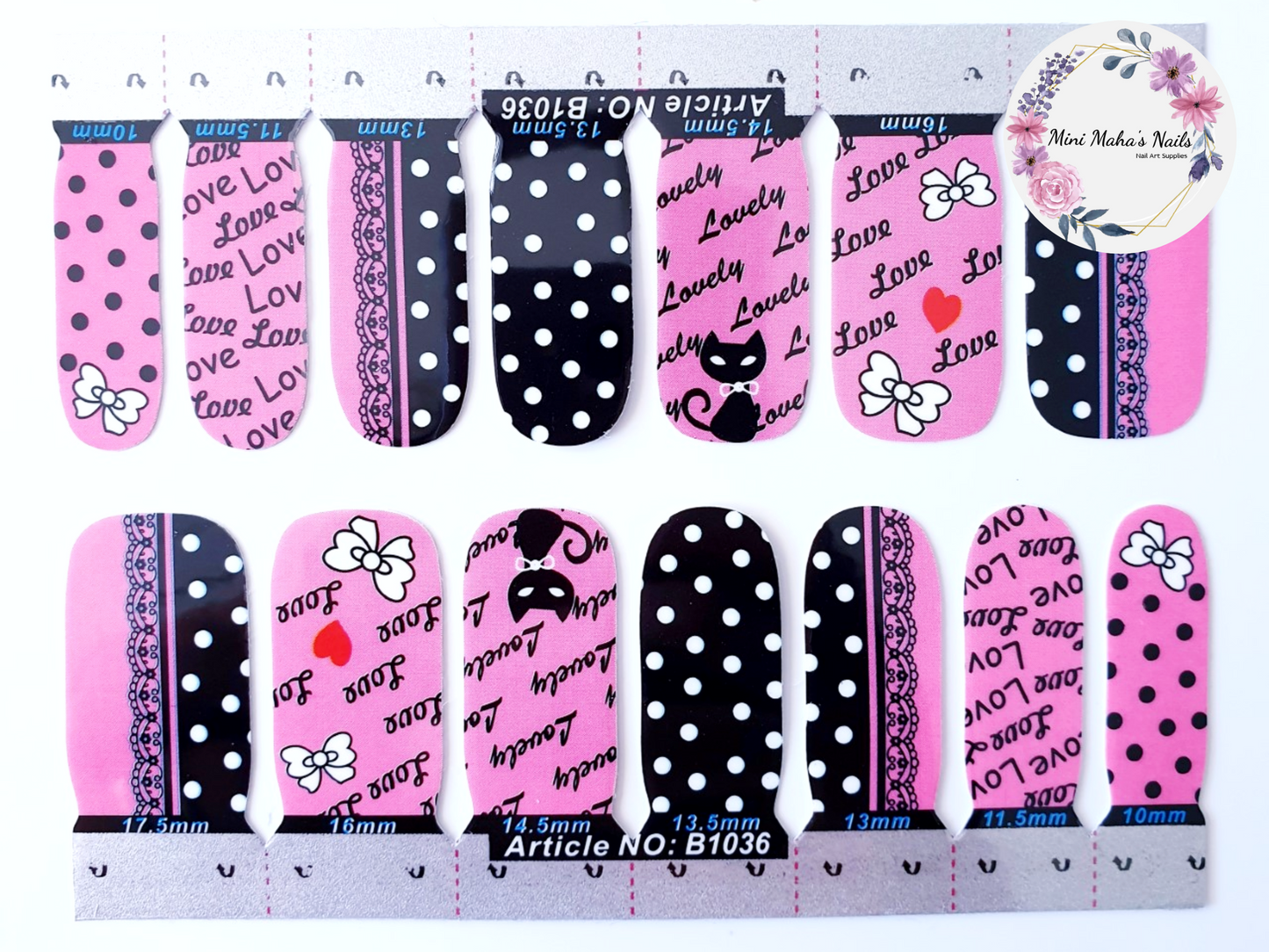 Valentines Pink Love Black Cats Full Cover Nail Wraps B1036