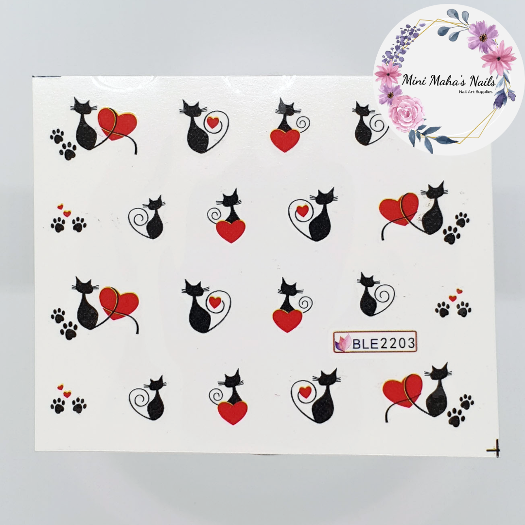 Black Cats Hearts Nail Art Water Decals BLE2203