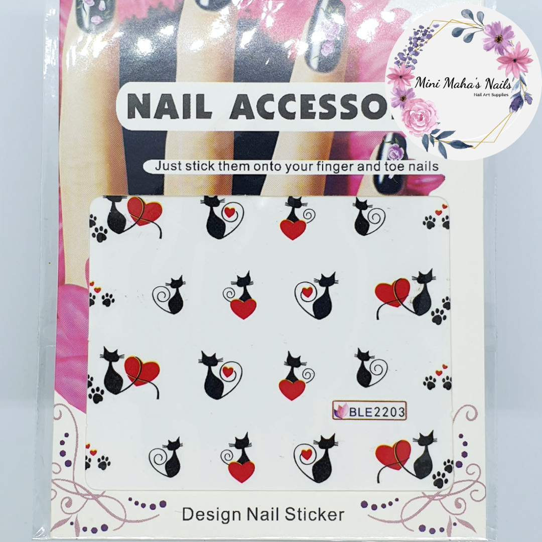 Black Cats Hearts Nail Art Water Decals BLE2203