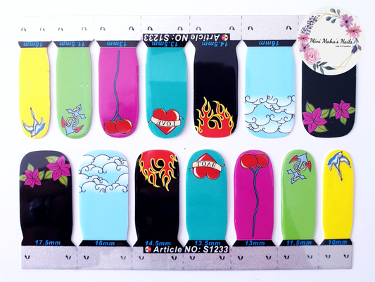 Colourful Tattoos Hearts Flames Flowers Full Cover Nail Wraps S1233