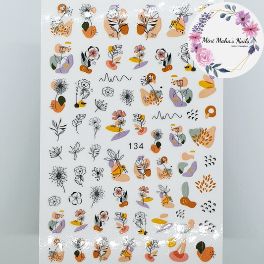 Orange Purple Abstract Flowers Florals Nail Art Stickers 134