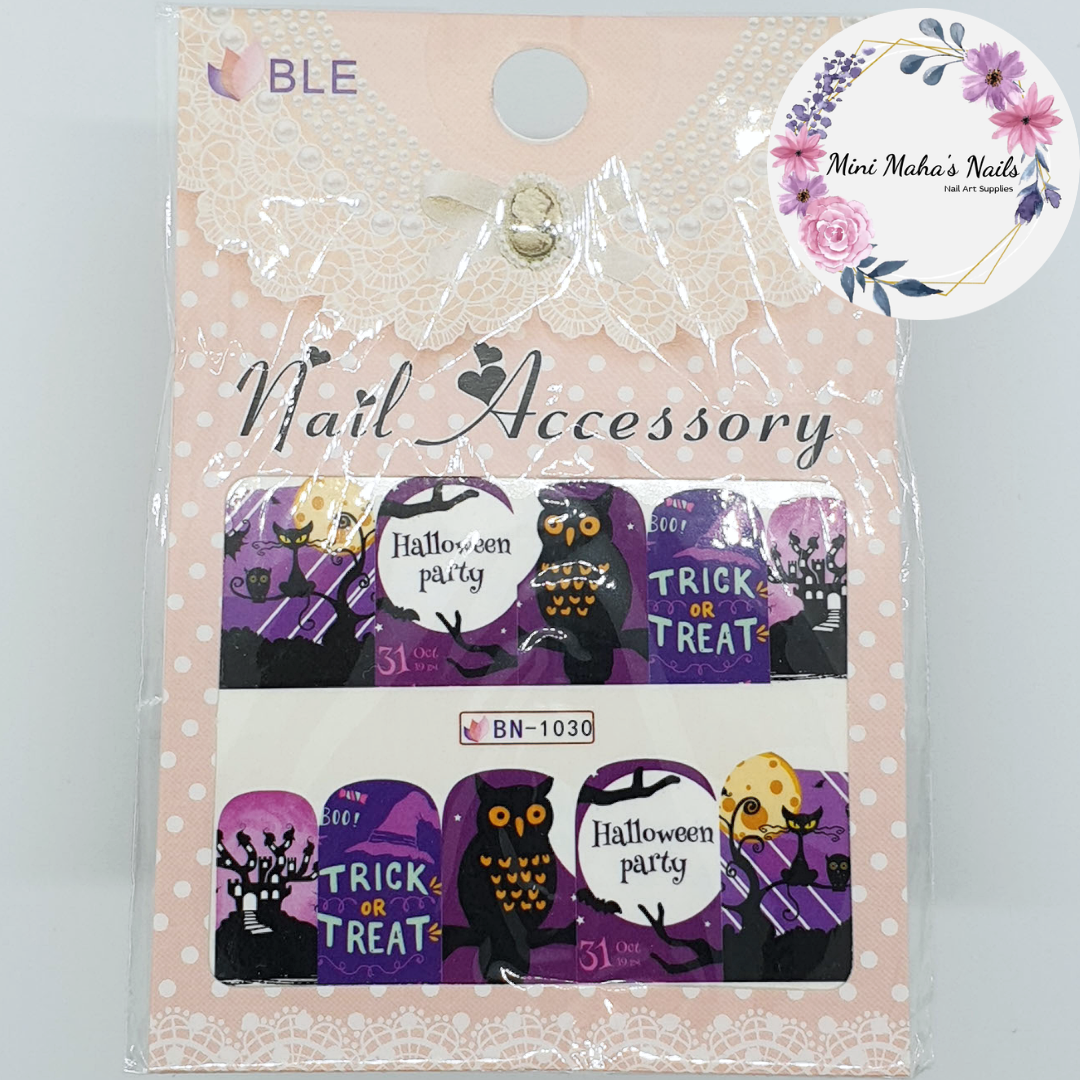 Halloween Purple Trick or Treat Owl Cat Full Cover Nail Art Water Decal BN1030