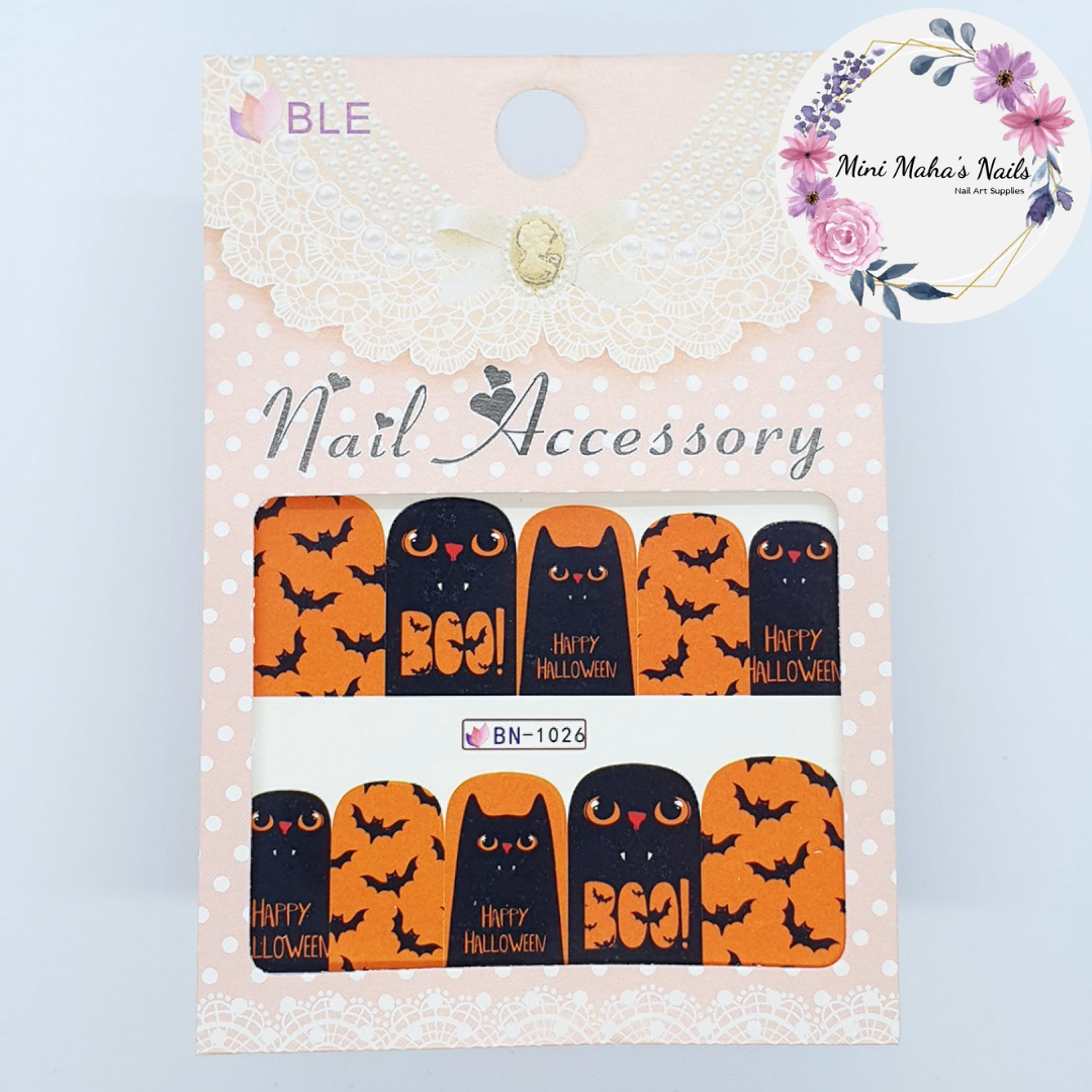 Orange Black Cats Bats Nail Art Water Decals BN1026