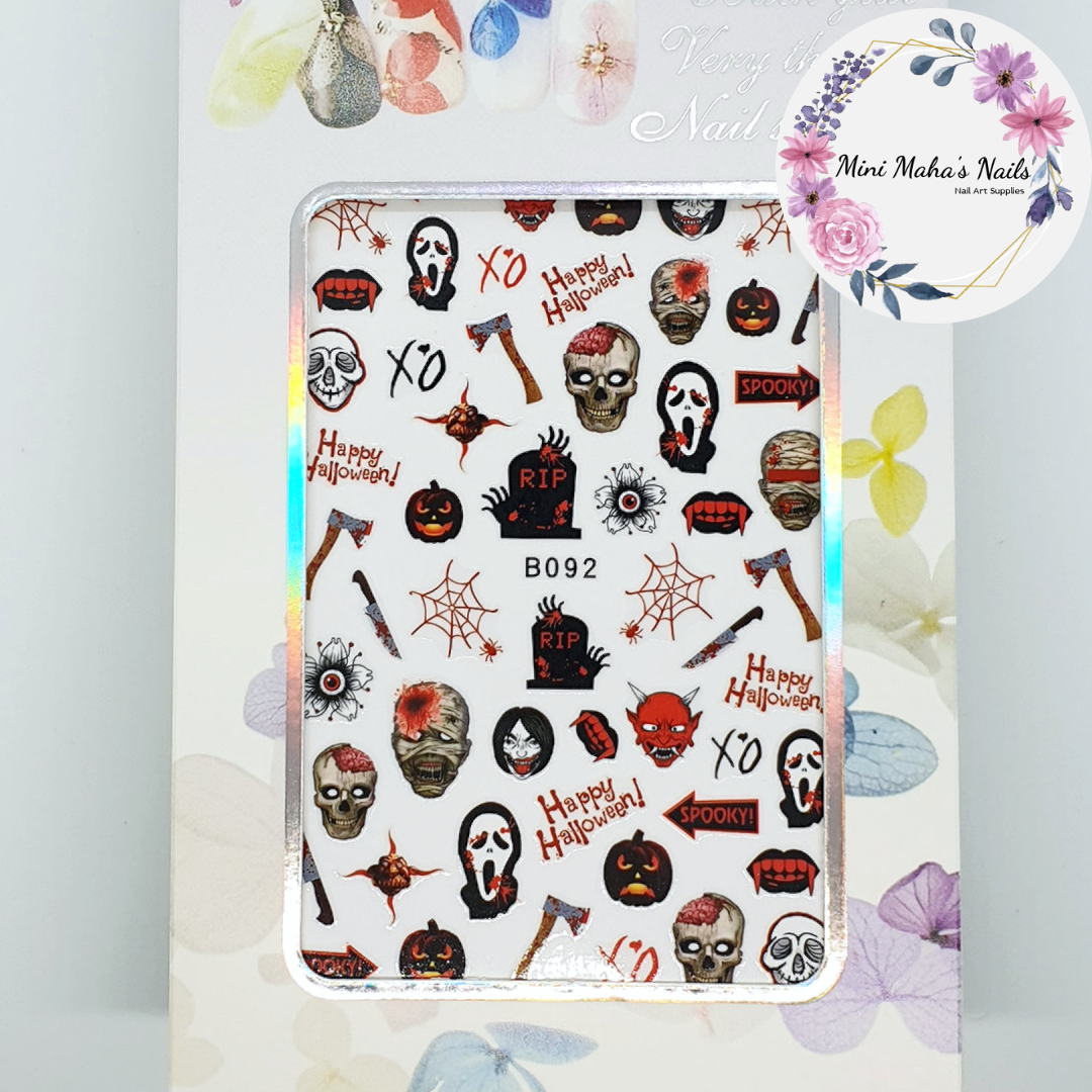 Halloween Skulls Grim Reaper Zombies Axe Knives Nail Art Stickers B092