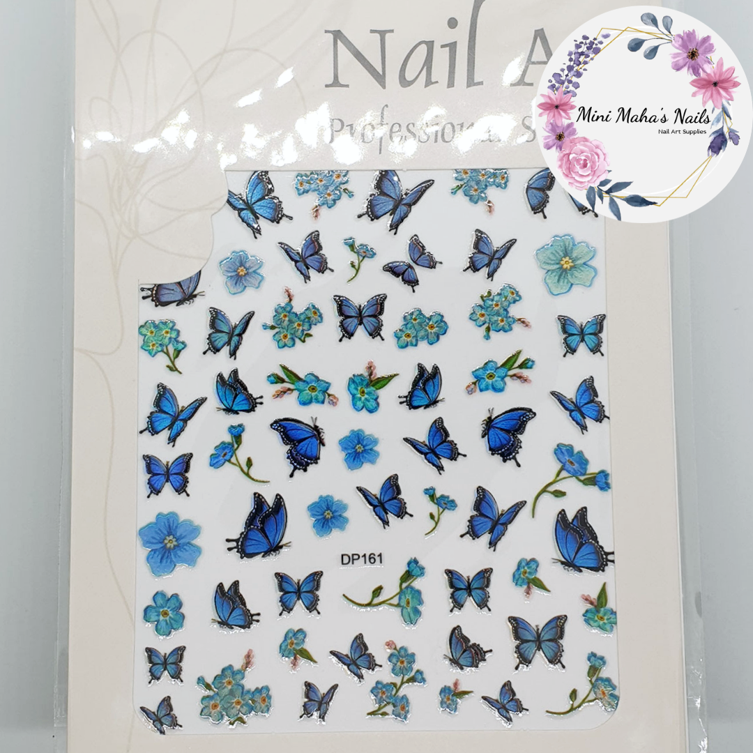 Blue Holographic Butterflies Flowers Nail Art Stickers DP161