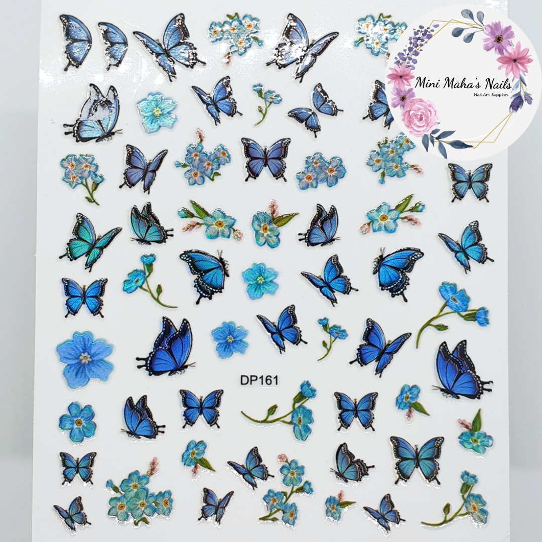 Blue Holographic Butterflies Flowers Nail Art Stickers DP161