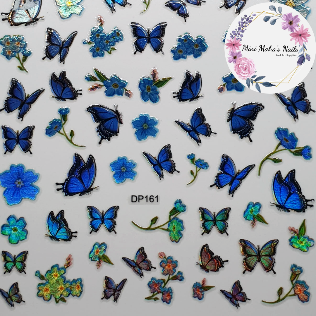 Blue Holographic Butterflies Flowers Nail Art Stickers DP161