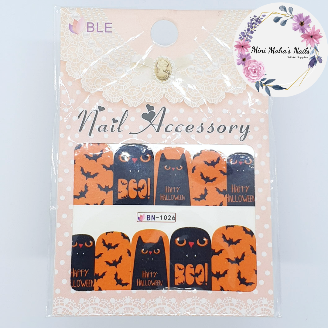 Orange Black Cats Bats Nail Art Water Decals BN1026