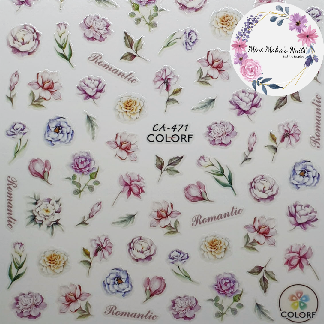 Pink and Purple Watercolour Flower Nail Art Stickers CA471