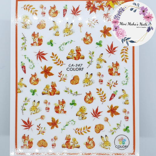 Autumn Leaves Bunnies Foxes Orange Plants Nail Art Stickers CA347