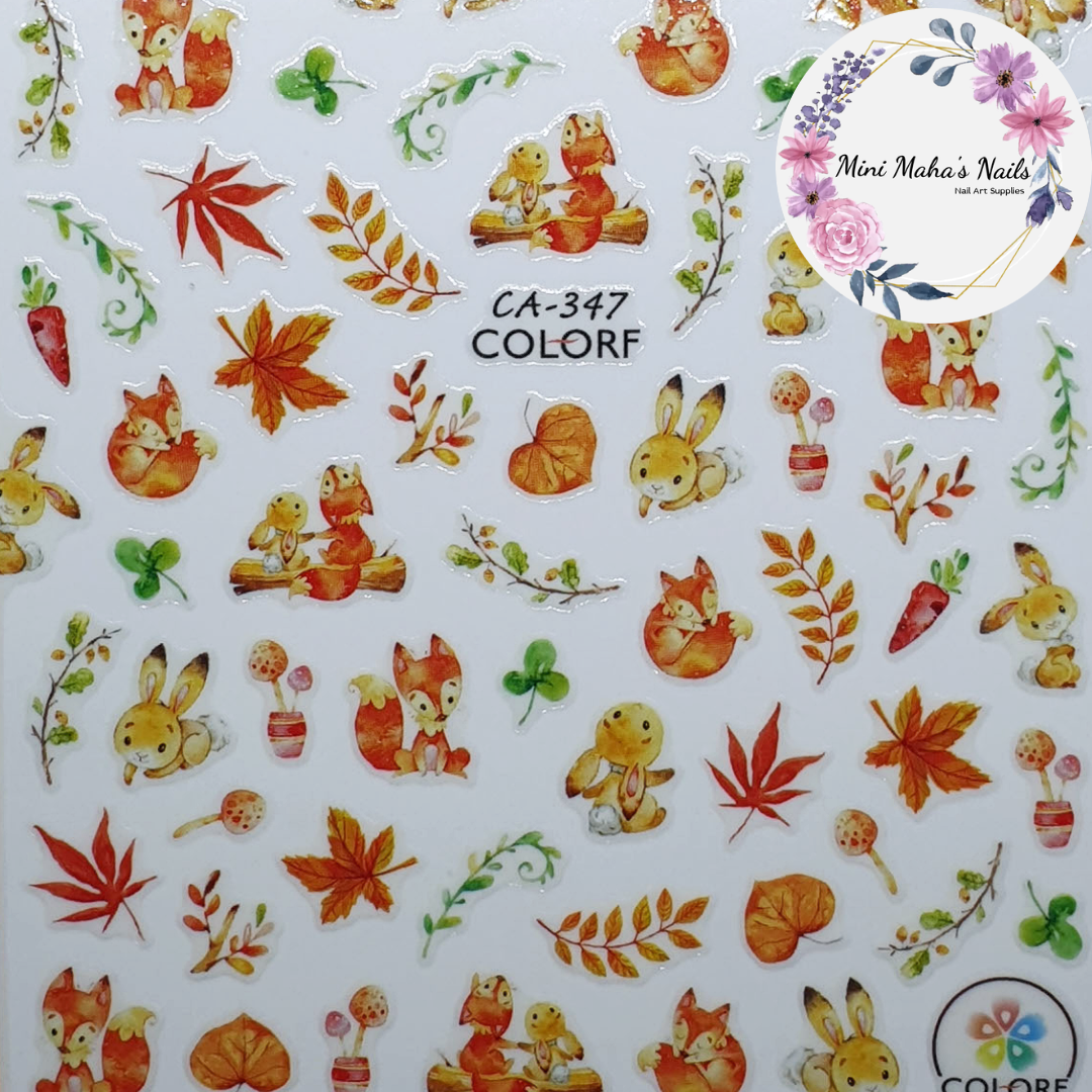 Autumn Leaves Bunnies Foxes Orange Plants Nail Art Stickers CA347