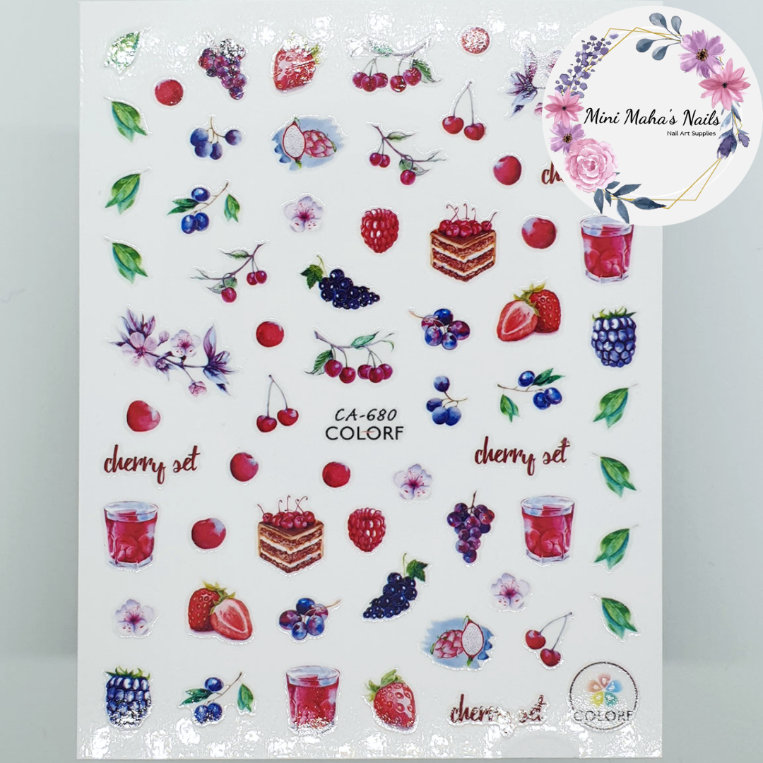 Raspberries Blueberries Cherries Fuirt Cake Nail Art Stickers CA680