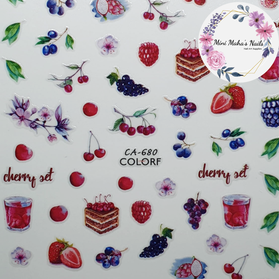 Raspberries Blueberries Cherries Fuirt Cake Nail Art Stickers CA680