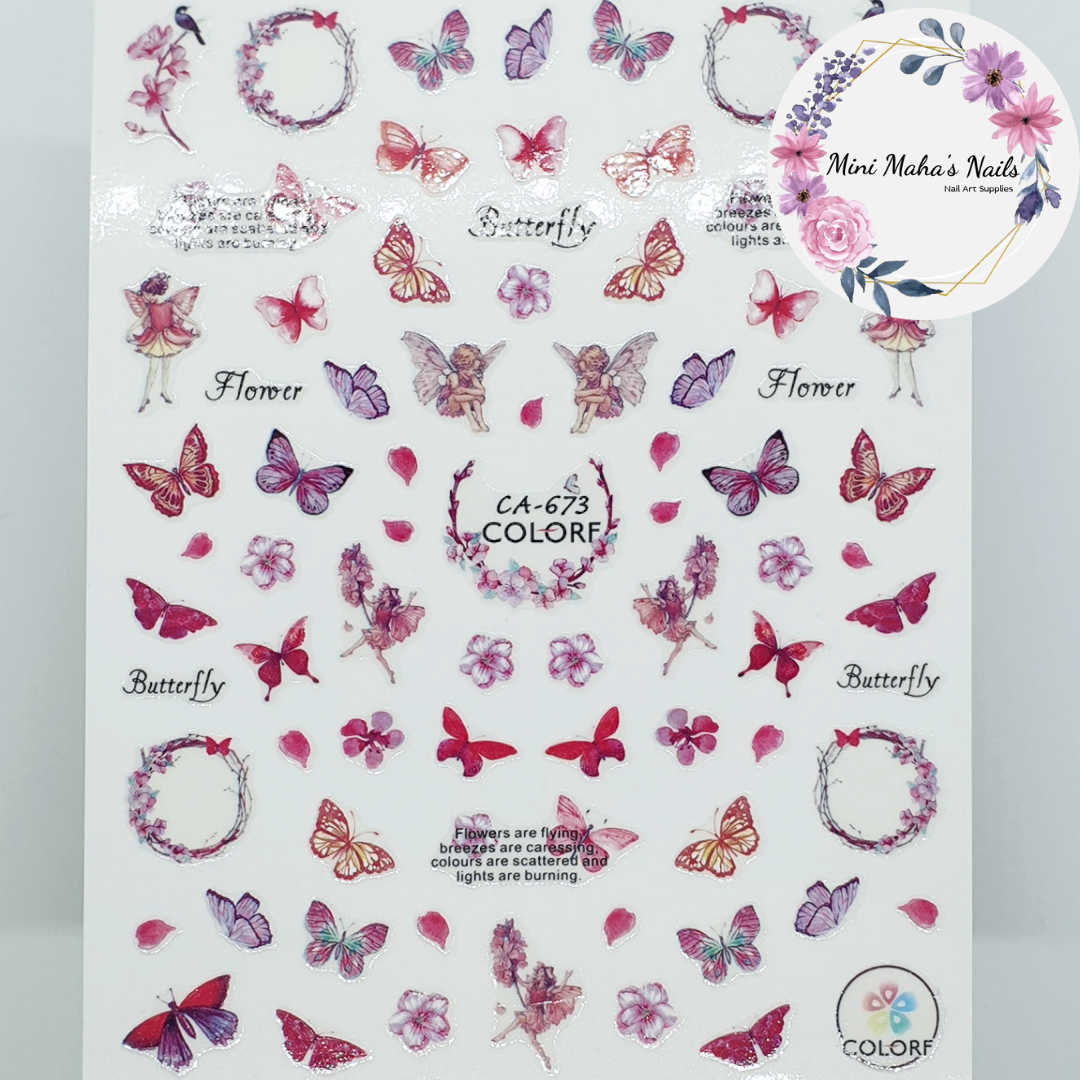 Pink and Purple Butterflies Fairies Flowers Nail Art Stickers CA673