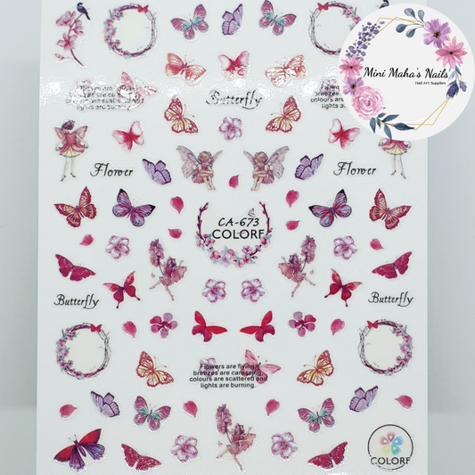 Pink and Purple Butterflies Fairies Flowers Nail Art Stickers CA673