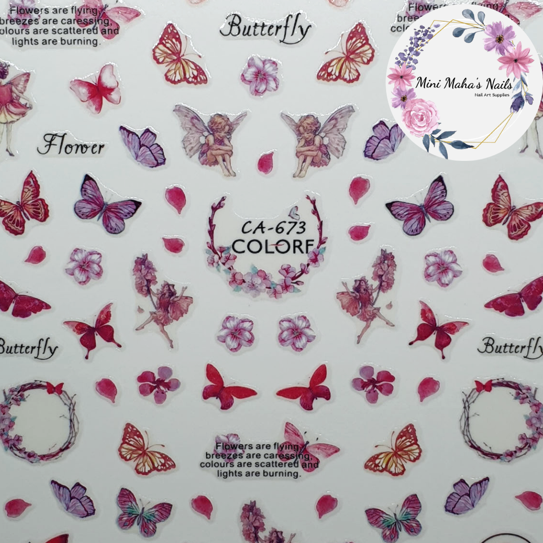 Pink and Purple Butterflies Fairies Flowers Nail Art Stickers CA673