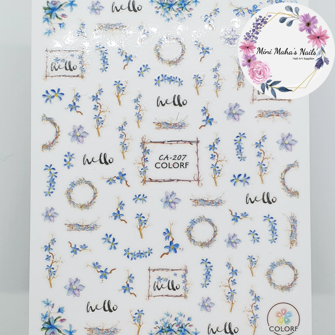 Blue Rustic Style Flowers Florals Borders Nail Art Stickers CA207