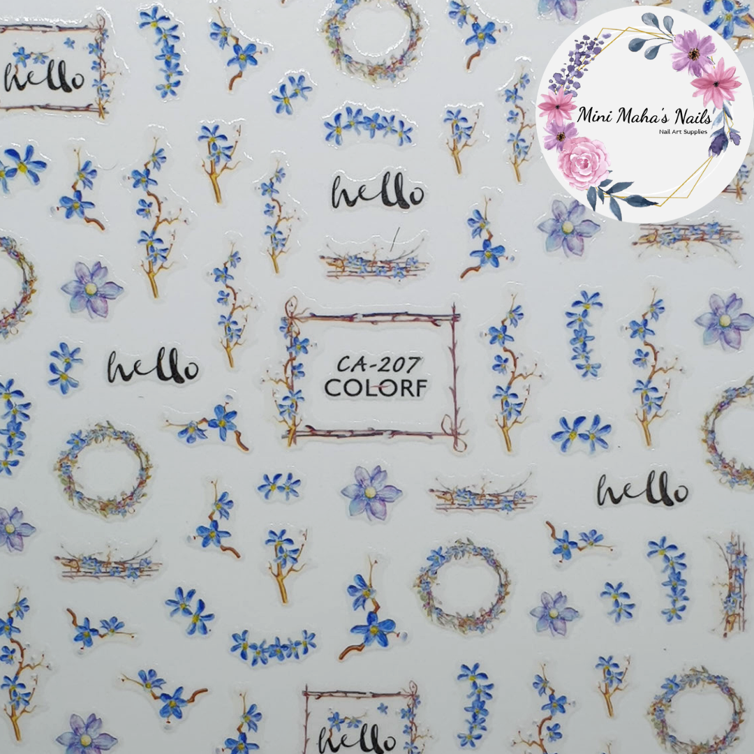 Blue Rustic Style Flowers Florals Borders Nail Art Stickers CA207