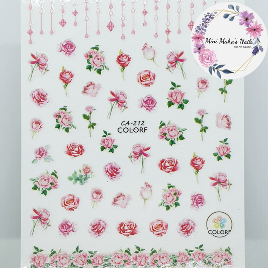 Pink Blooming Roses Flowers Florals Nature Plants Nail Art Stickers CA212