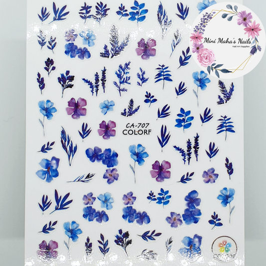 Blue Purple Watercolour Flowers Florals Nail Art Stickers CA707