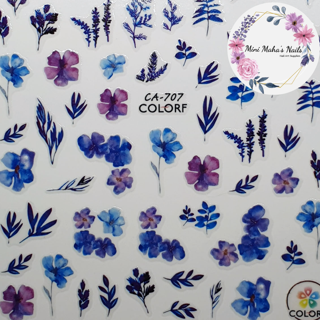 Blue Purple Watercolour Flowers Florals Nail Art Stickers CA707