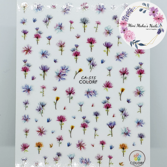 Pink Purple Blue Watercolour Flowers Nail Art Stickers CA515