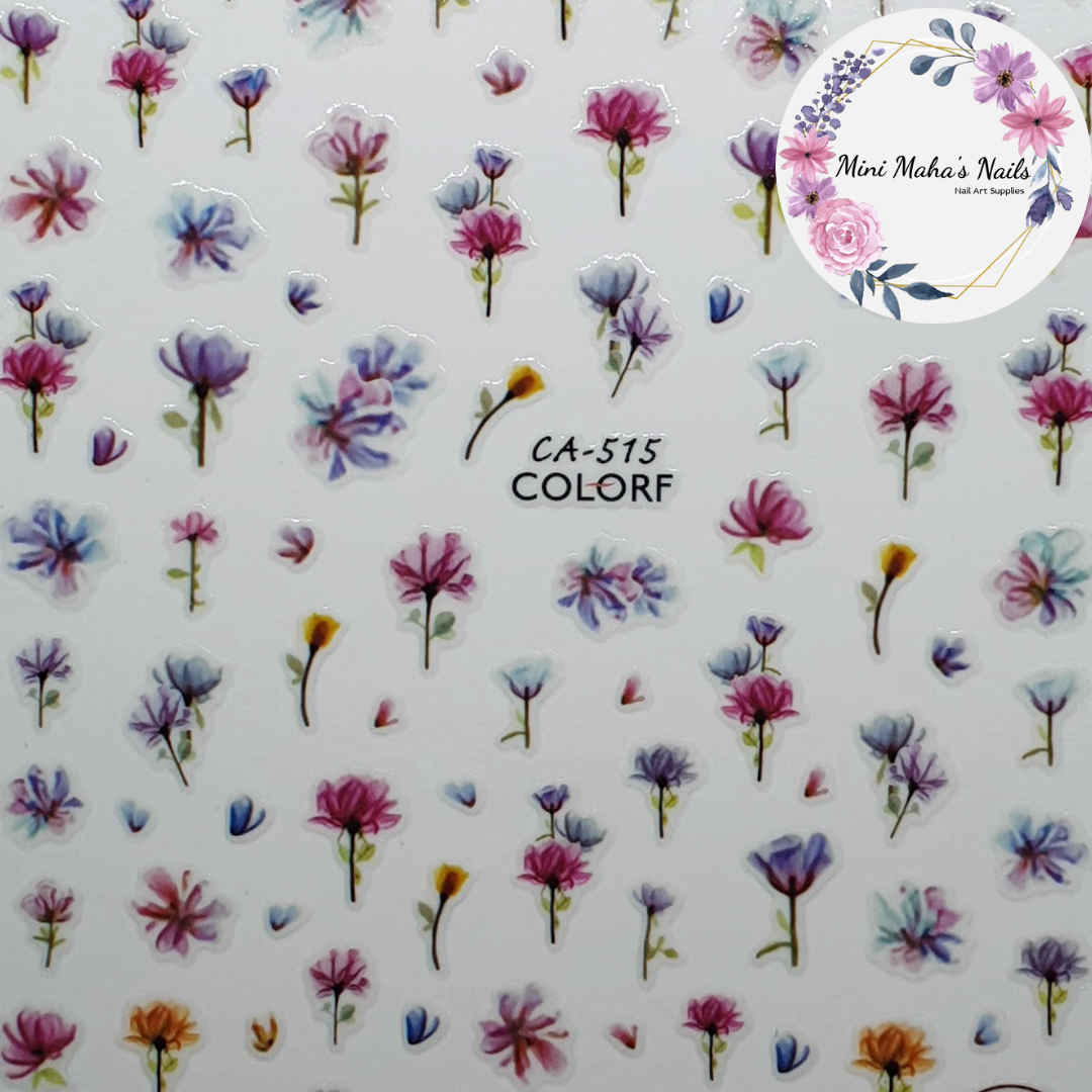 Pink Purple Blue Watercolour Flowers Nail Art Stickers CA515