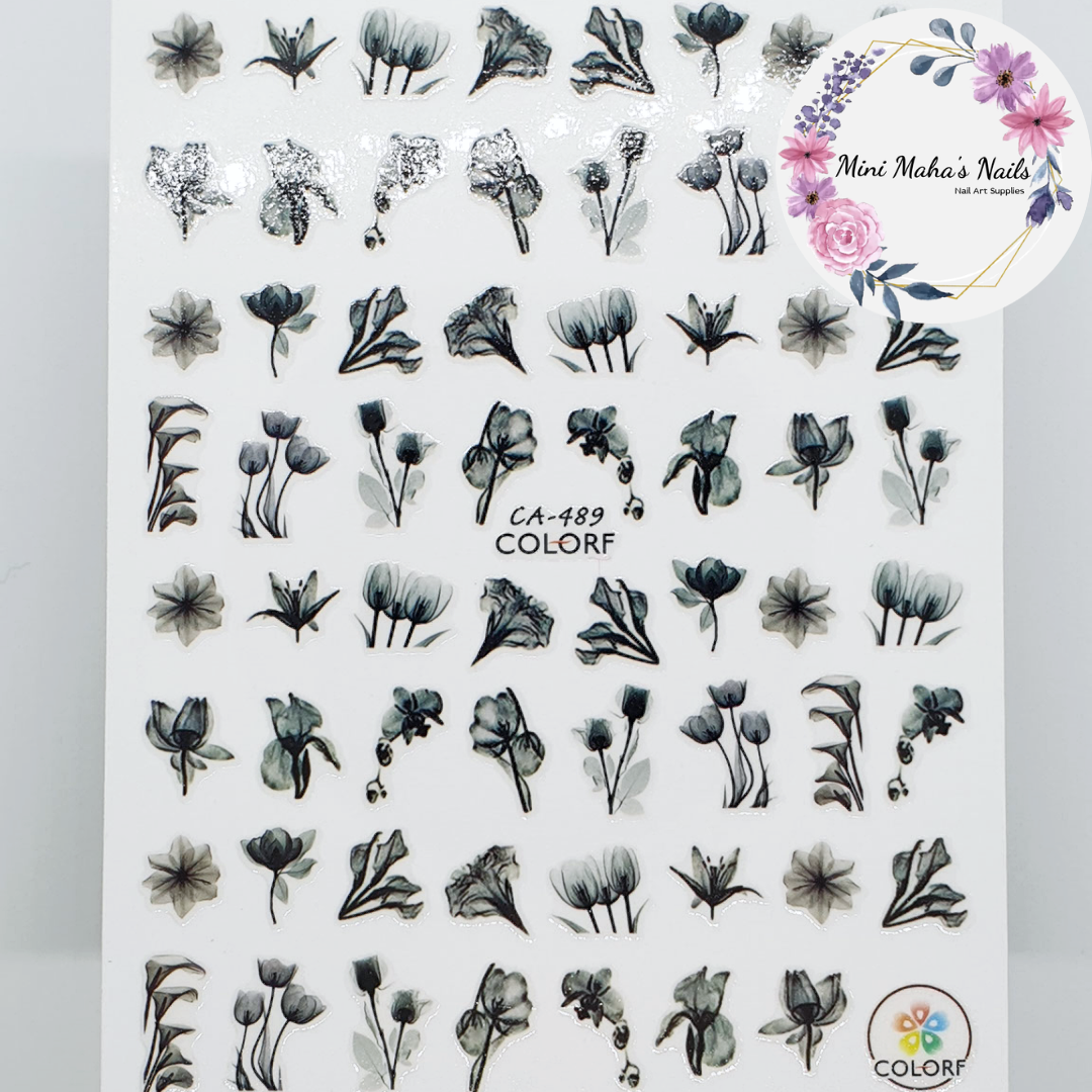 Black Monochrome Watercolour Flowers Nail Art Stickers CA489