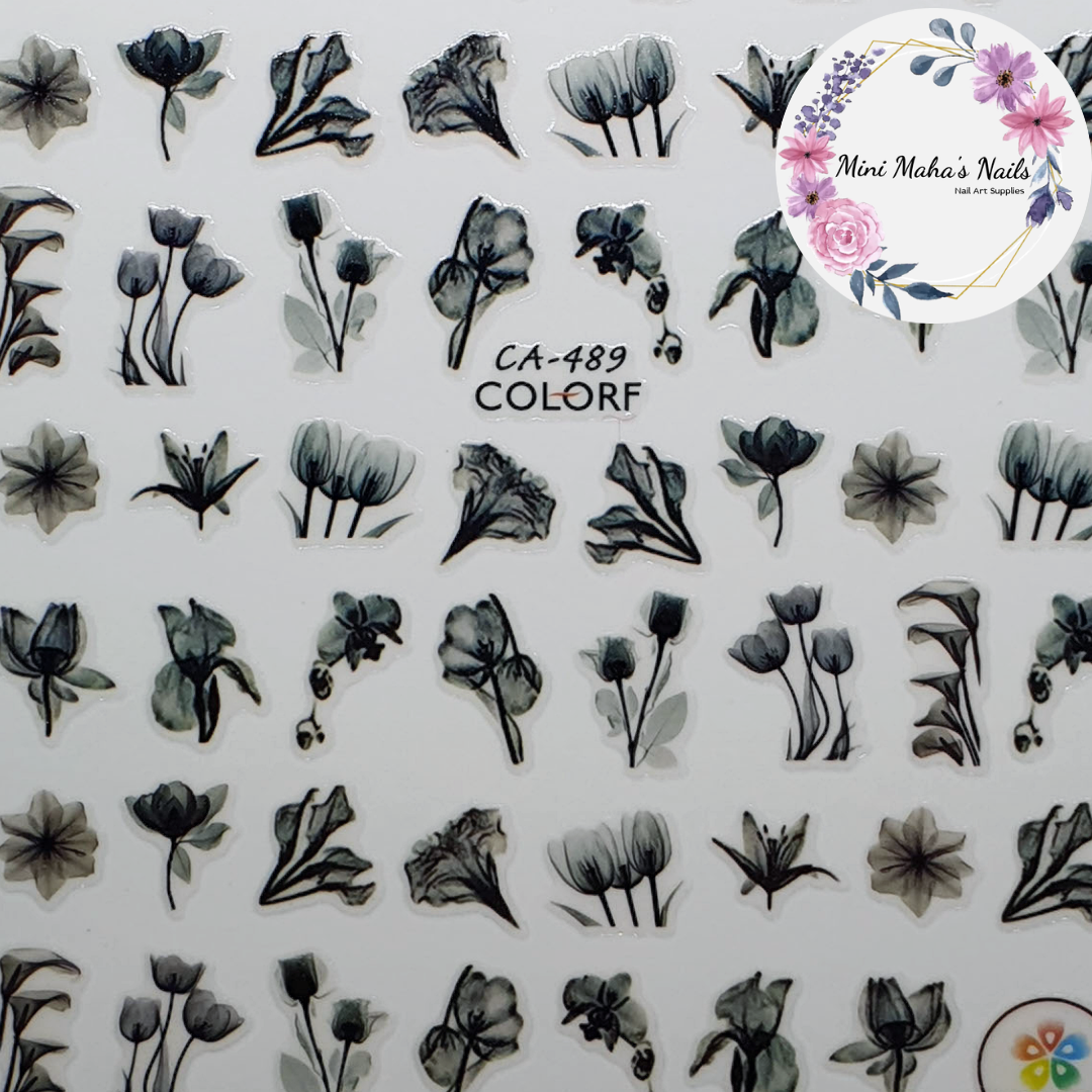 Black Monochrome Watercolour Flowers Nail Art Stickers CA489