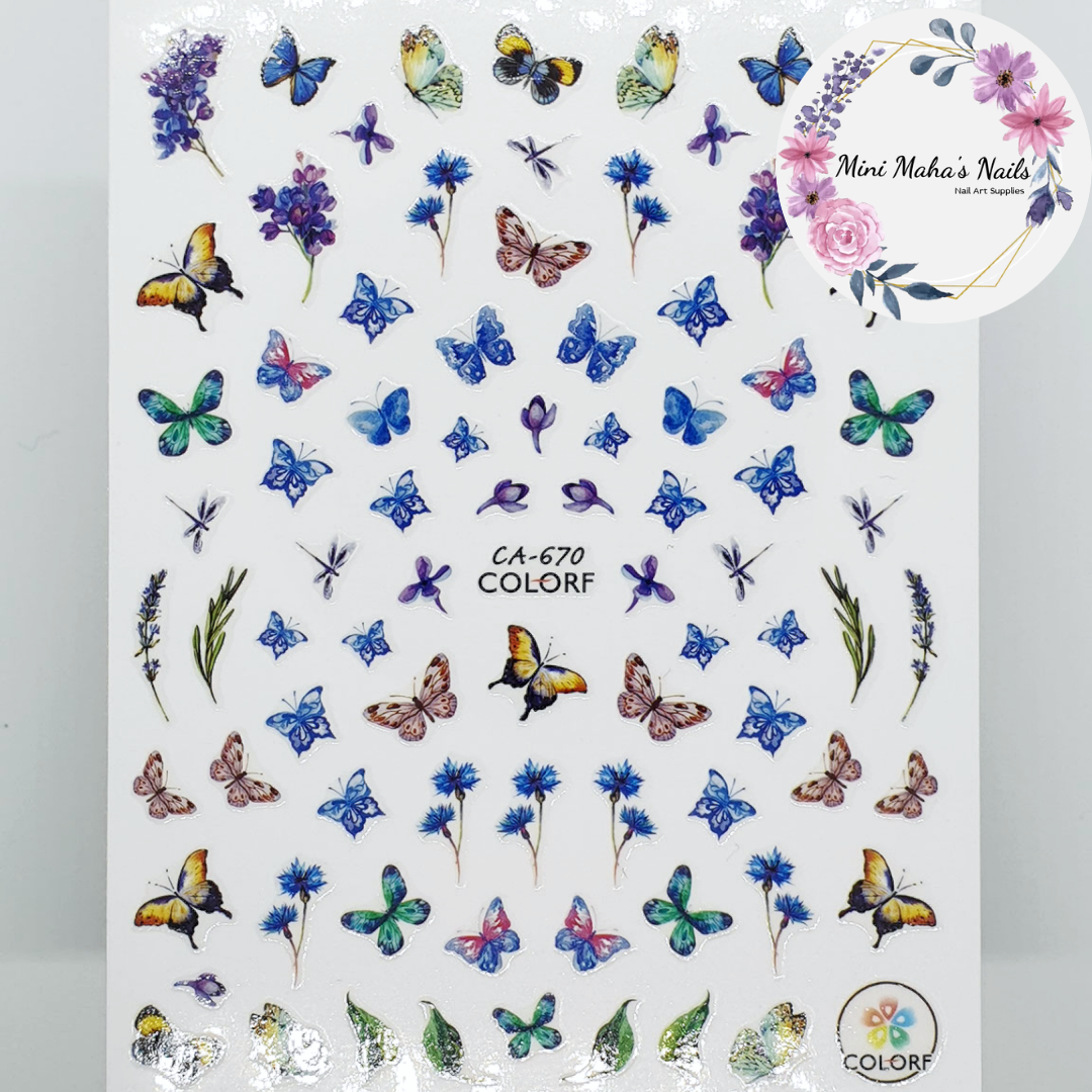 Blue Purple Butterflies Flowers Plants Nail Art Stickers CA670