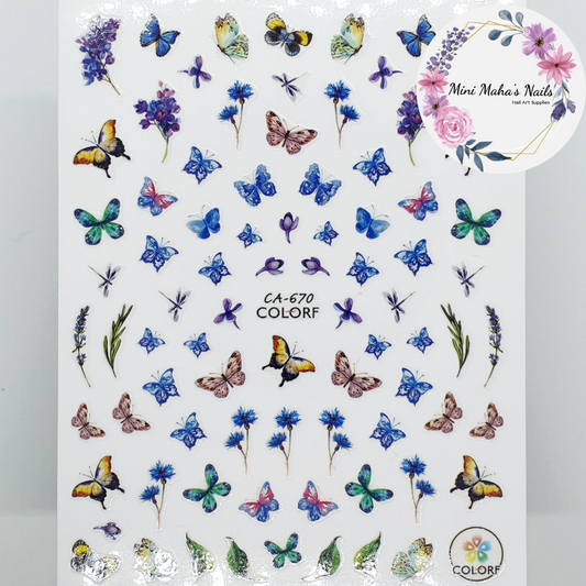 Blue Purple Butterflies Flowers Plants Nail Art Stickers CA670