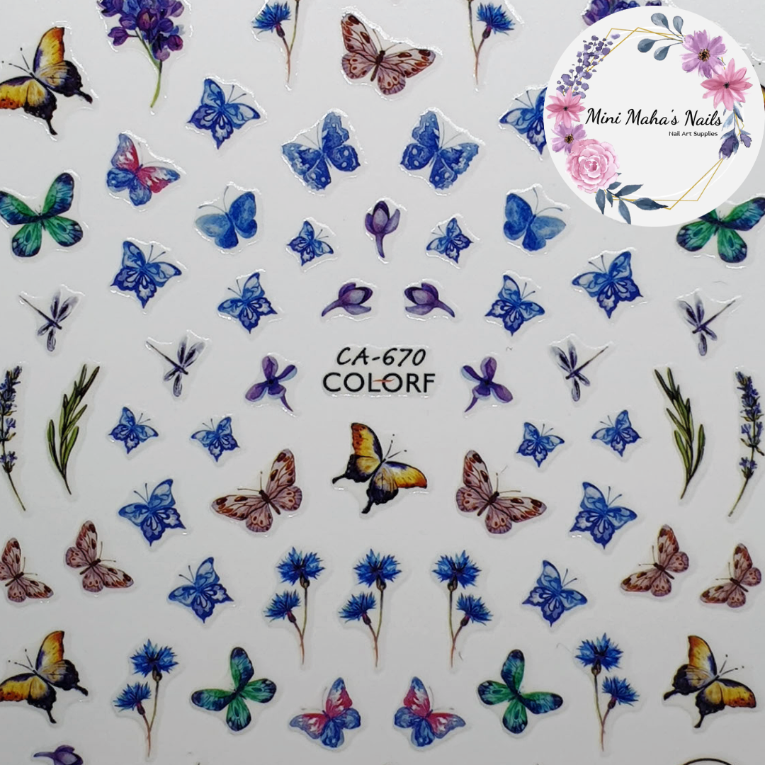 Blue Purple Butterflies Flowers Plants Nail Art Stickers CA670