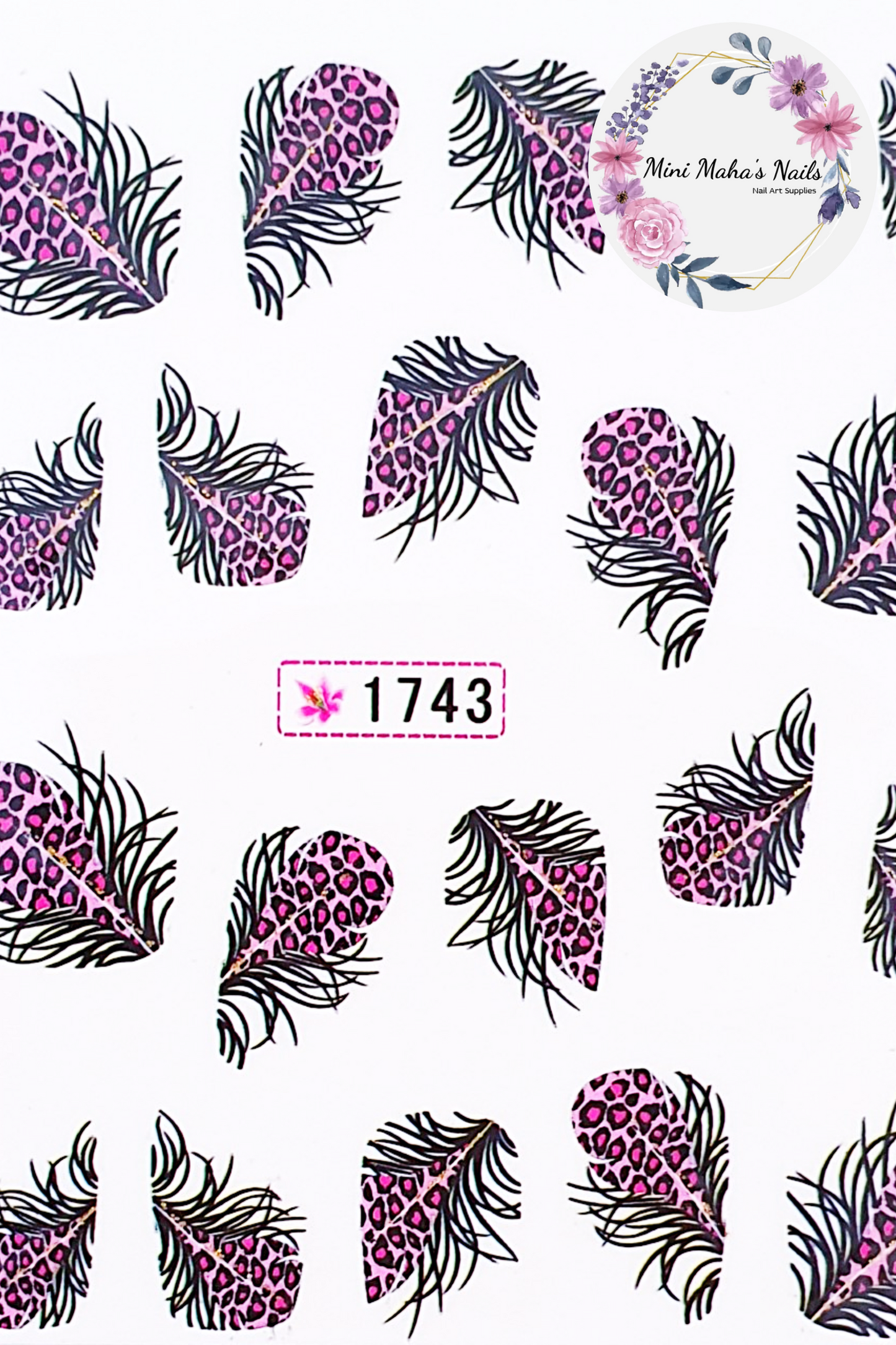 Pink Leopard Feathers Nail Art Water Decals 1743