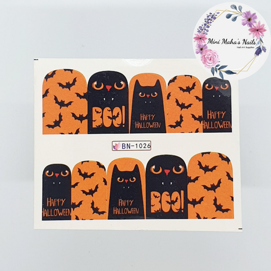 Orange Black Cats Bats Nail Art Water Decals BN1026