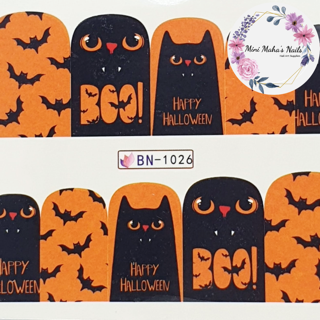 Orange Black Cats Bats Nail Art Water Decals BN1026