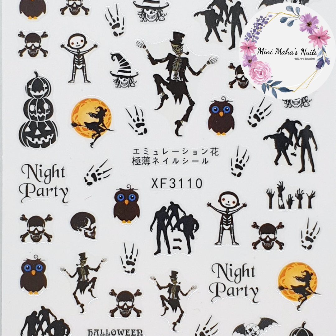 Halloween Skeletons Zombies Skulls Bones Witches Nail Art Stickers XF3110