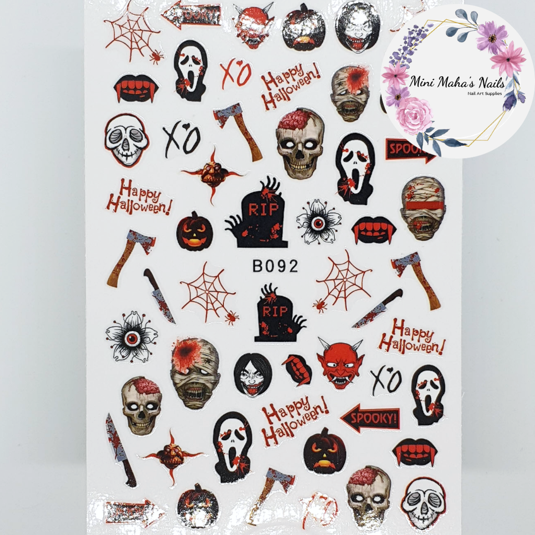 Halloween Skulls Grim Reaper Zombies Axe Knives Nail Art Stickers B092