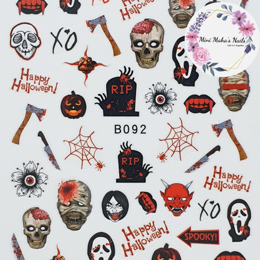 Halloween Skulls Grim Reaper Zombies Axe Knives Nail Art Stickers B092