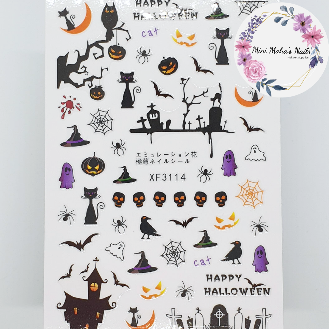 Halloween Graveyard Black Cats Skulls Pumpkins Ghosts Nail Art Stickers XF3114