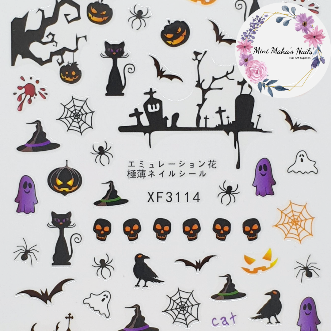 Halloween Graveyard Black Cats Skulls Pumpkins Ghosts Nail Art Stickers XF3114