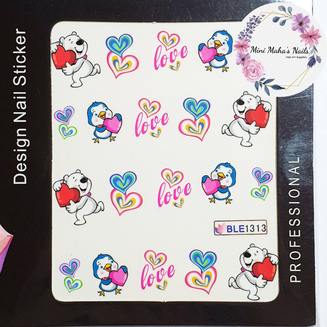 Valentines Love Birds and Bear Nail Art Water Decals BLE1313