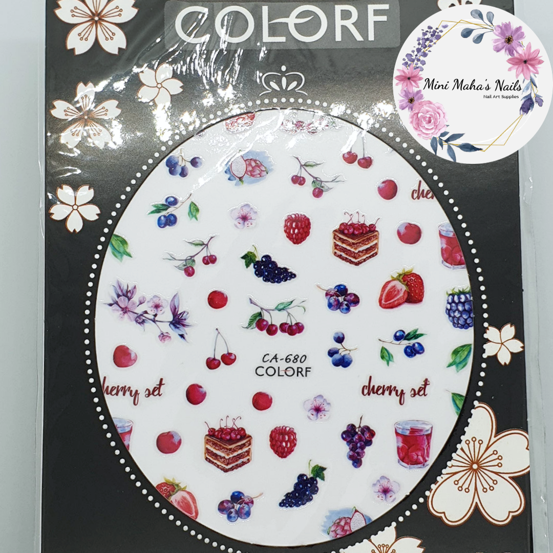 Raspberries Blueberries Cherries Fuirt Cake Nail Art Stickers CA680