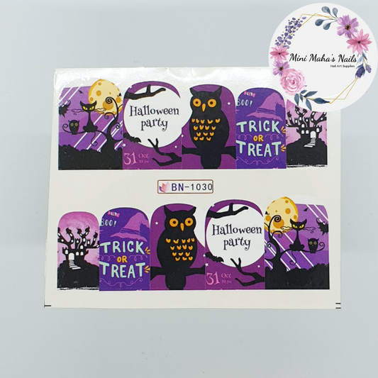 Halloween Purple Trick or Treat Owl Cat Full Cover Nail Art Water Decal BN1030