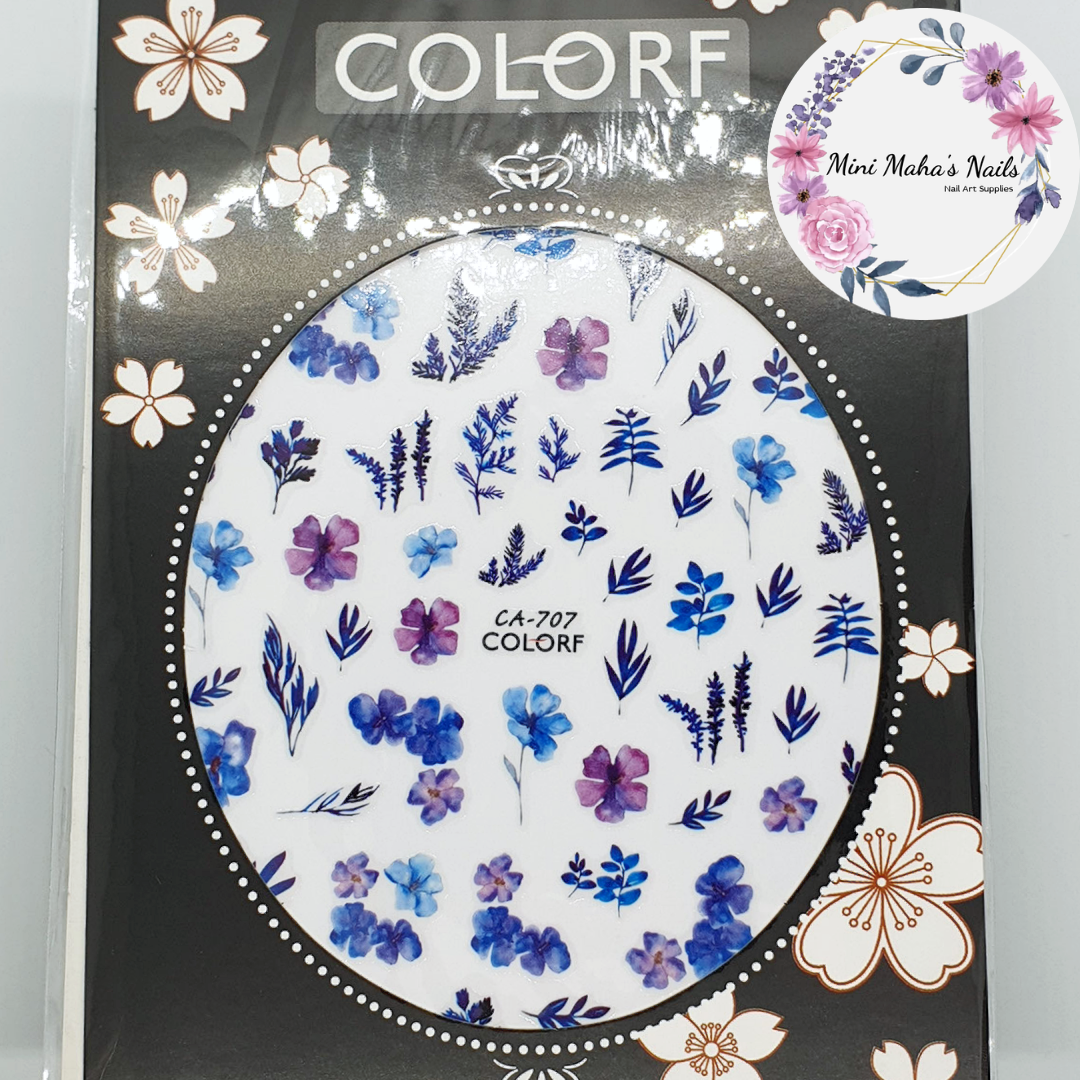 Blue Purple Watercolour Flowers Florals Nail Art Stickers CA707