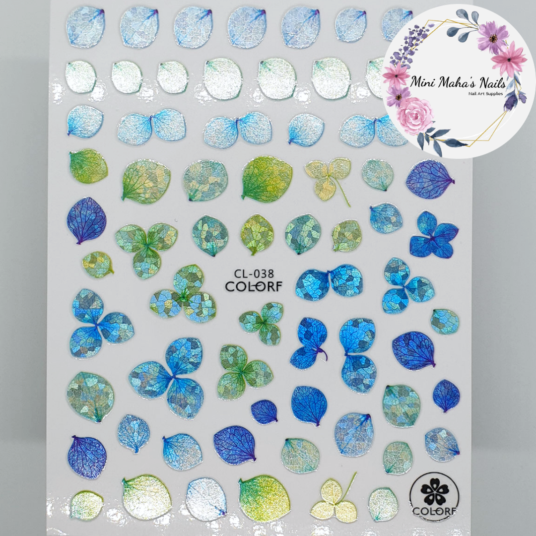 Blue Green Holographic Flower Petals Leaves Palnts Nail Art Stickers CL038