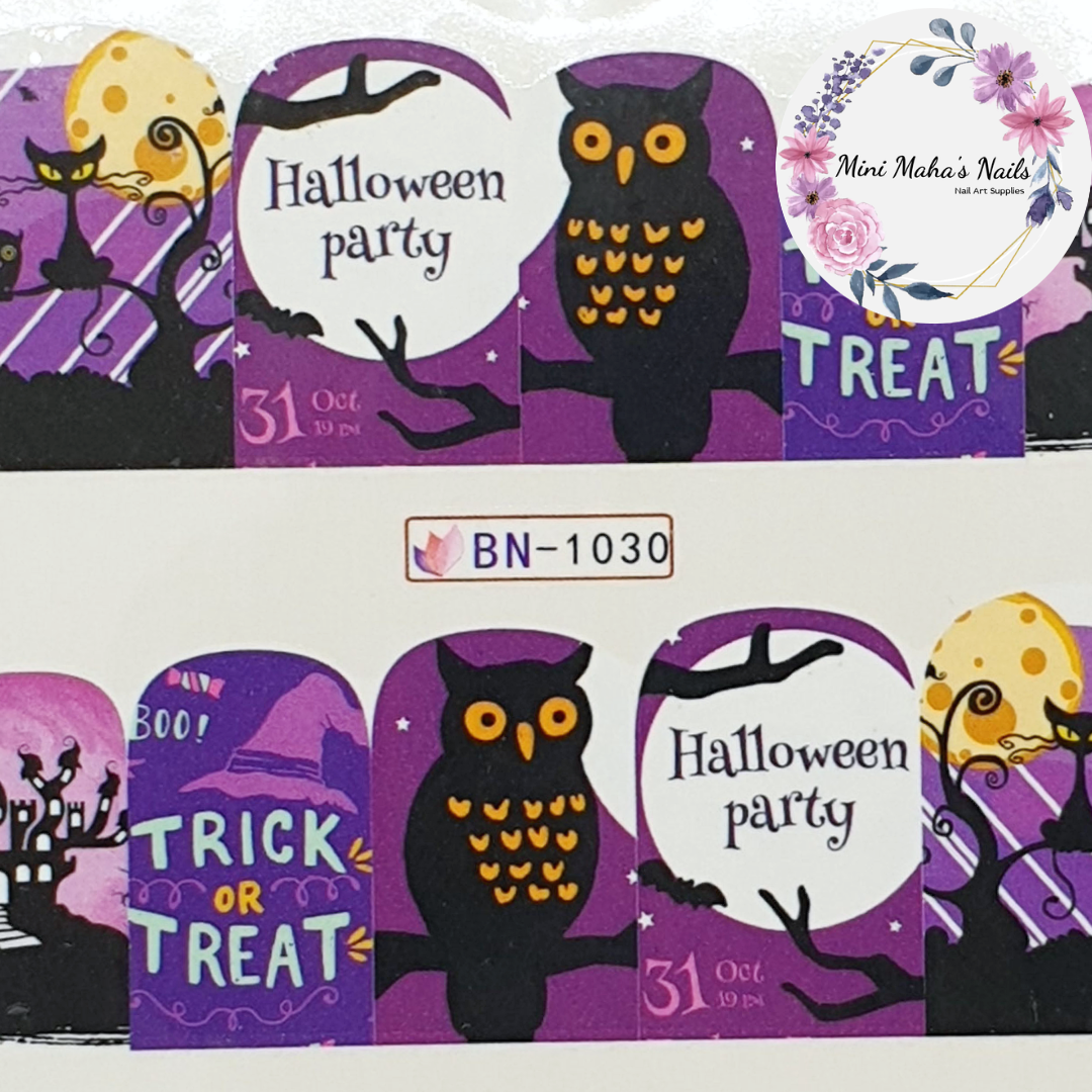 Halloween Purple Trick or Treat Owl Cat Full Cover Nail Art Water Decal BN1030