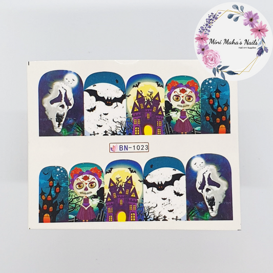 Halloween Grim Reaper Bats Full Moon Castle Nail Art Water Decals BN1030